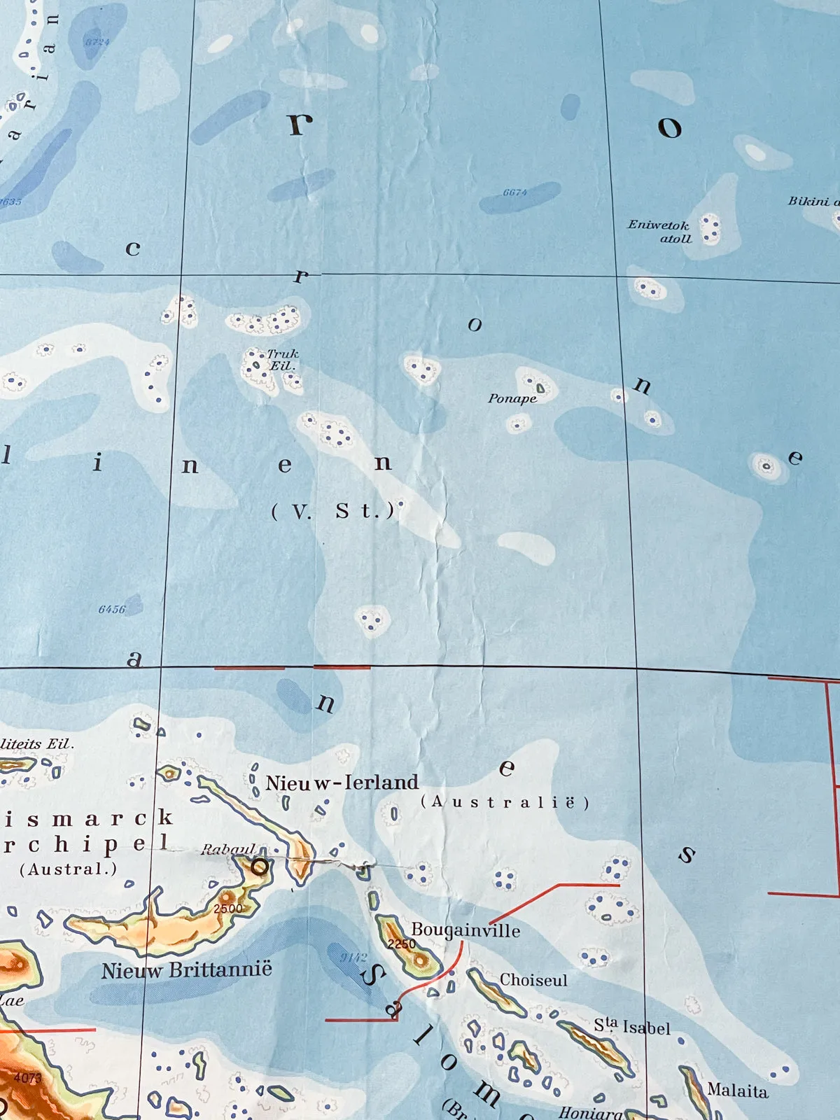 Mid-Century Dutch Topographical Wall Map of Australia and Oceania on Linen