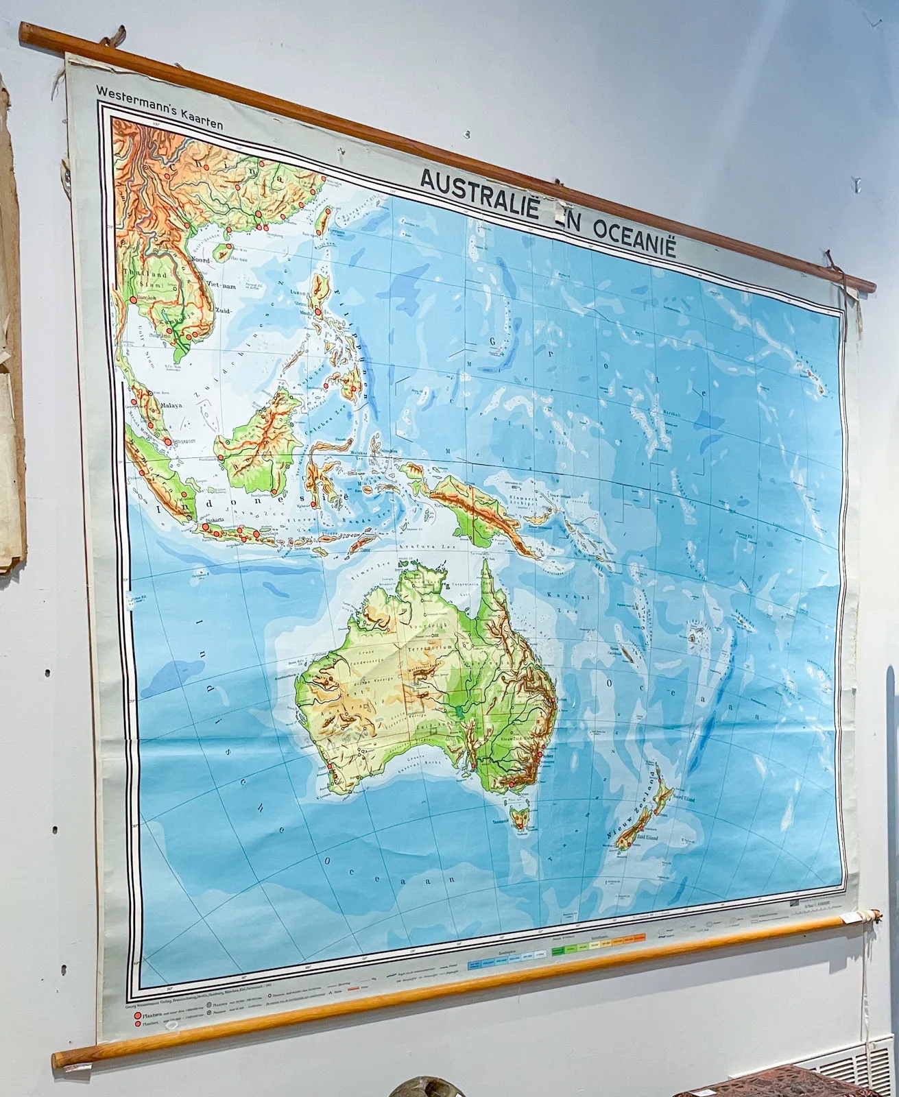 Mid-Century Dutch Topographical Wall Map of Australia and Oceania on Linen