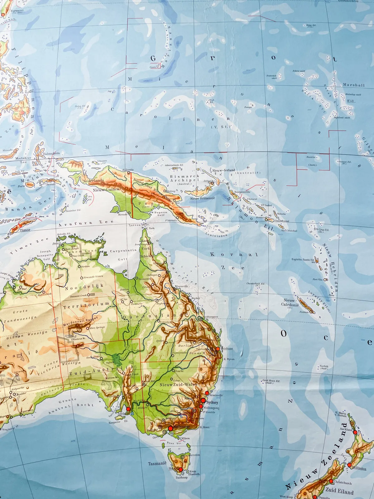 Mid-Century Dutch Topographical Wall Map of Australia and Oceania on Linen