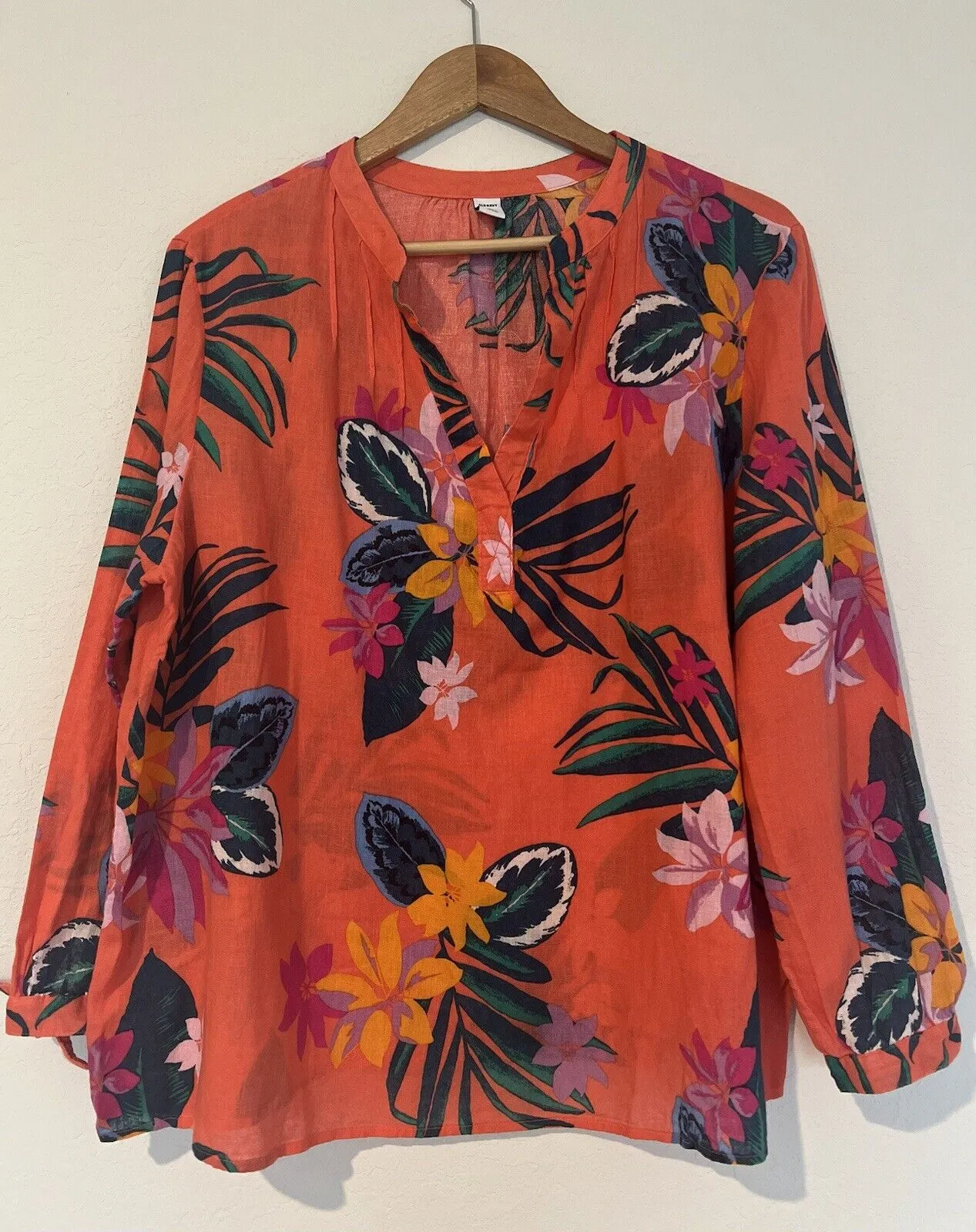 Old Navy  Linen Blend Floral Top Sz XL Hawaiian Flower Peasant Resort Travel