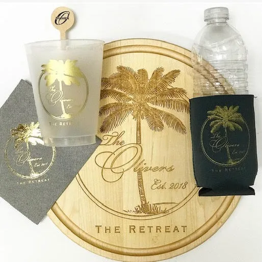 Oliver Beach Palm Entertaining Set - Cups, Napkins, Stir Sticks, Koozies & Cutting Board
