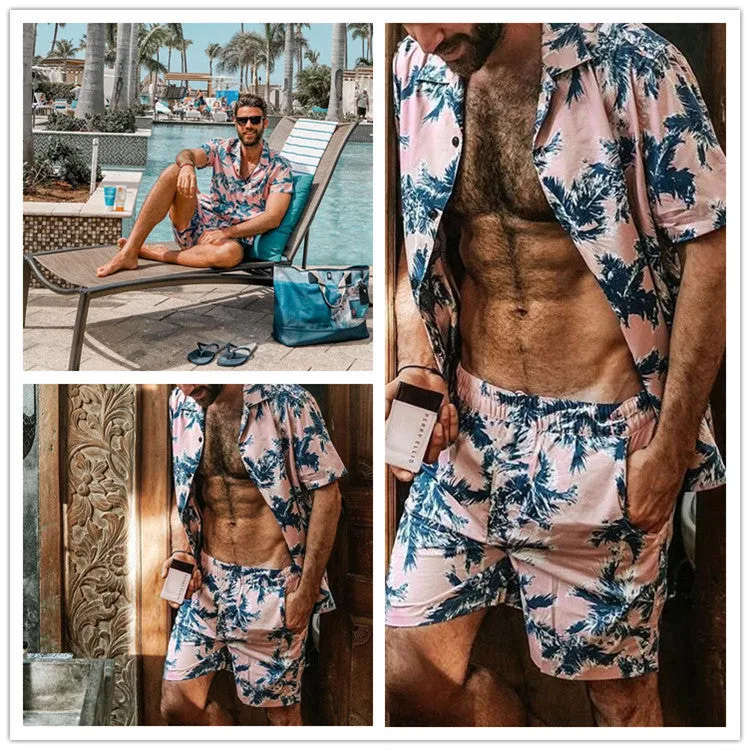 Palm Trees on Pink Sky Hawaiian Short Set