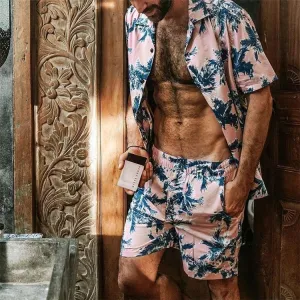 Palm Trees on Pink Sky Hawaiian Short Set