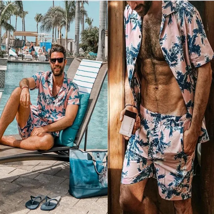 Palm Trees on Pink Sky Hawaiian Short Set