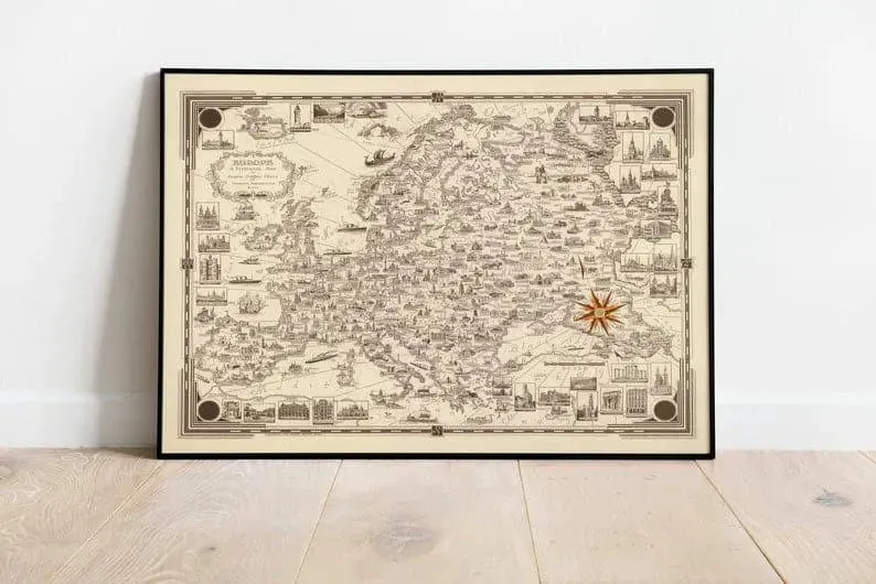 Pictorial Map of Europe| Vintage Europe Map Print