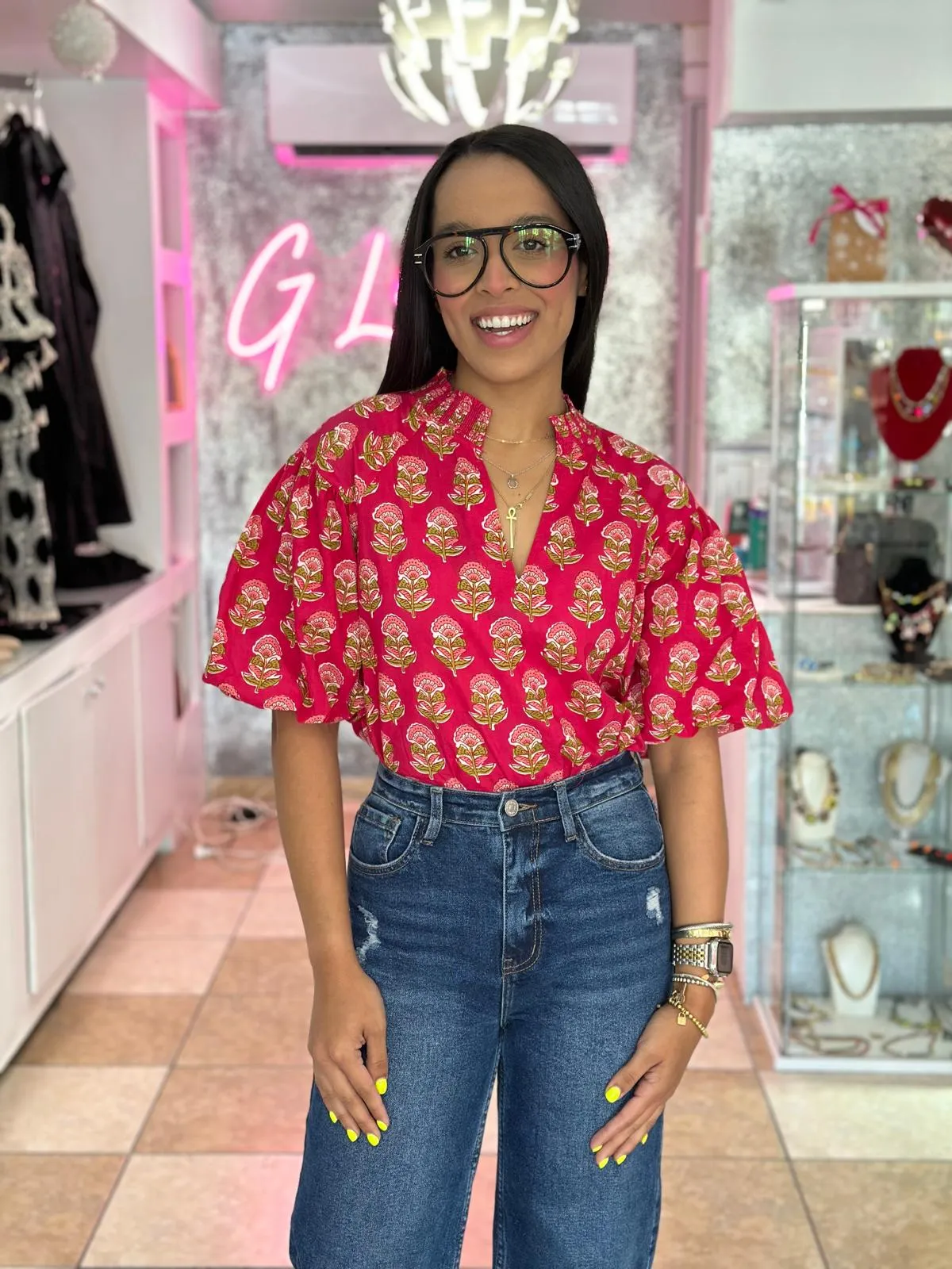 Puff Sleeve Flower Print Top