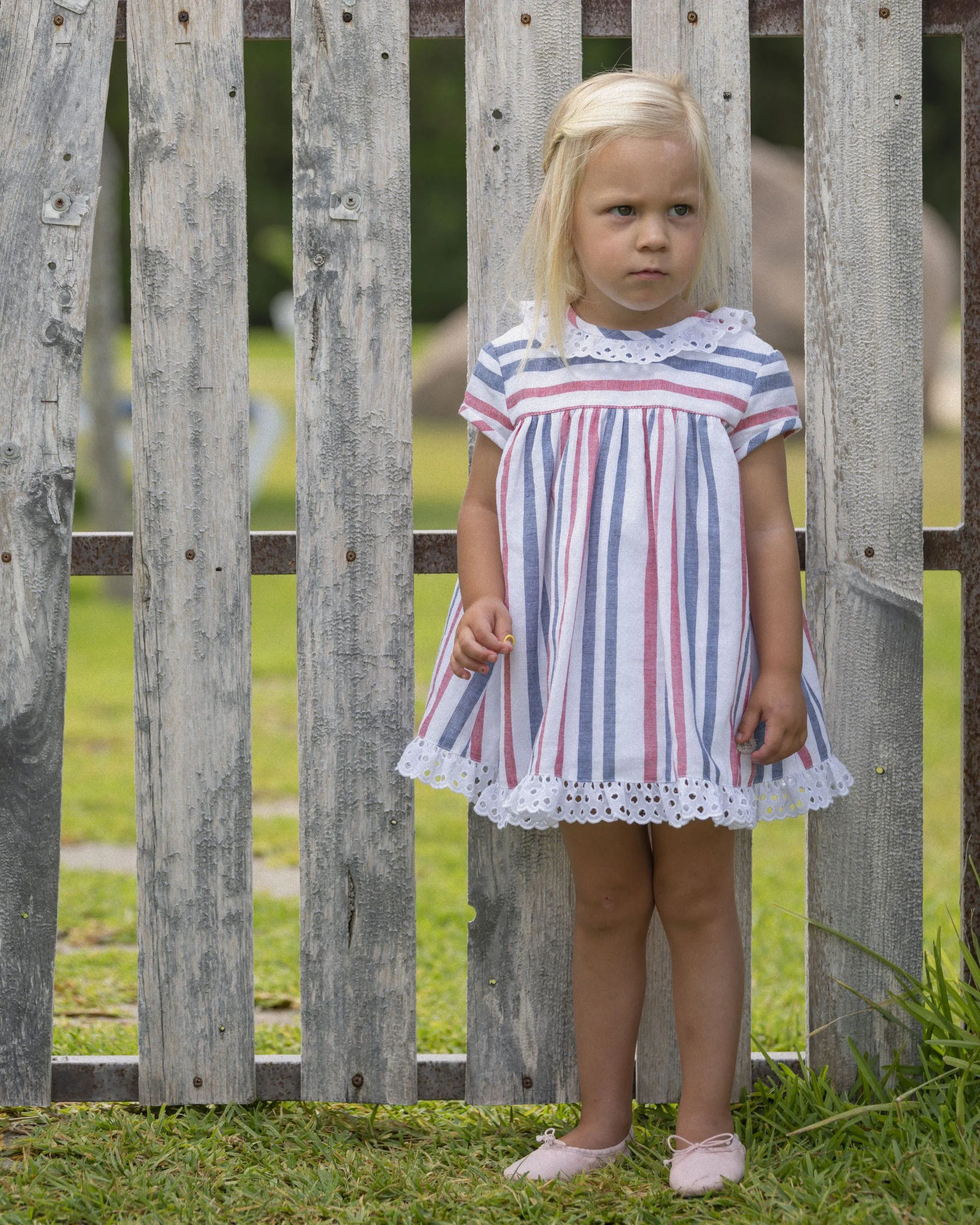 "Heidi" Red & Navy Striped Dress & Bloomers
