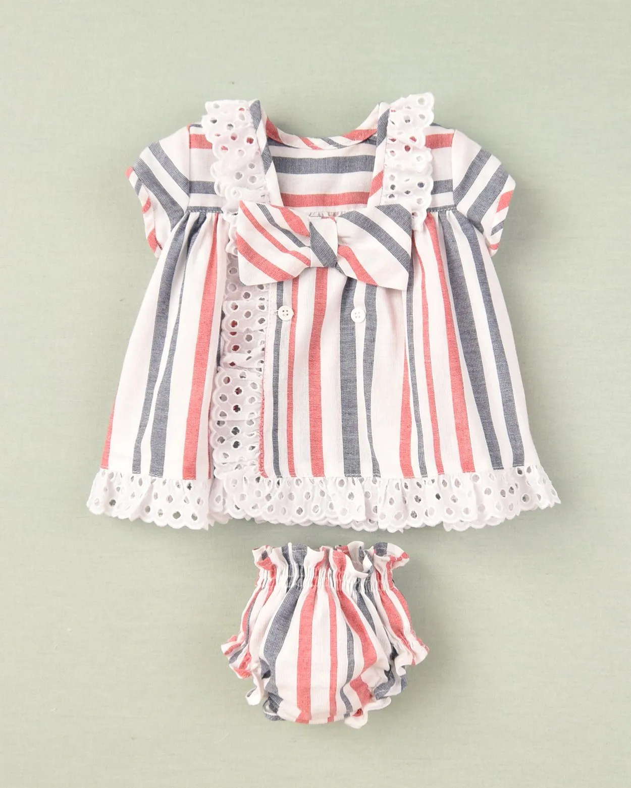 "Heidi" Red & Navy Striped Dress & Bloomers