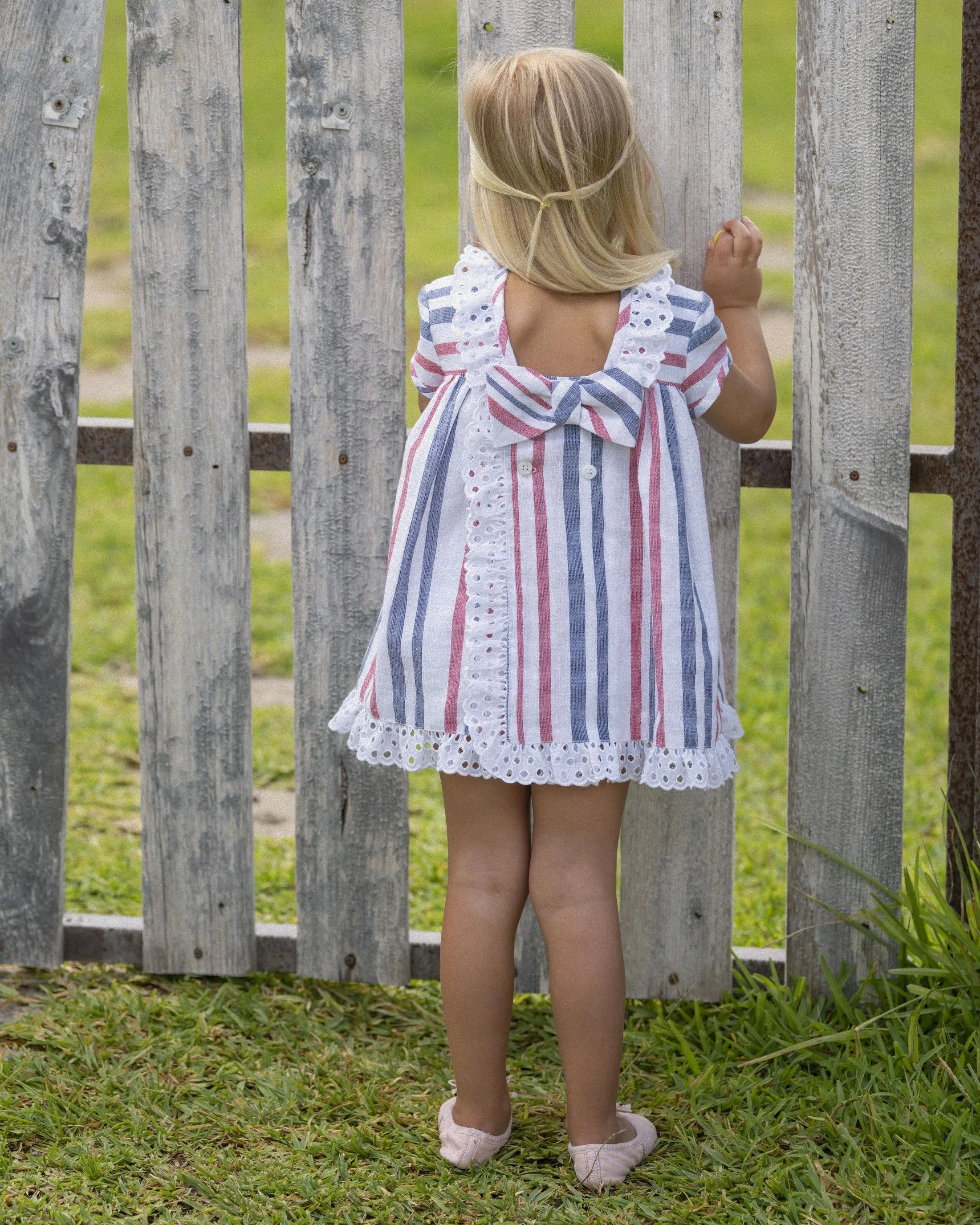 "Heidi" Red & Navy Striped Dress & Bloomers