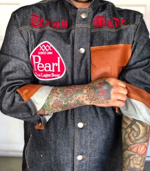 "Texas Made" denim and cognac leather jacket