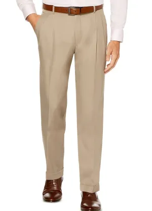 Khaki Cotton Men's Pleated Dress Pants