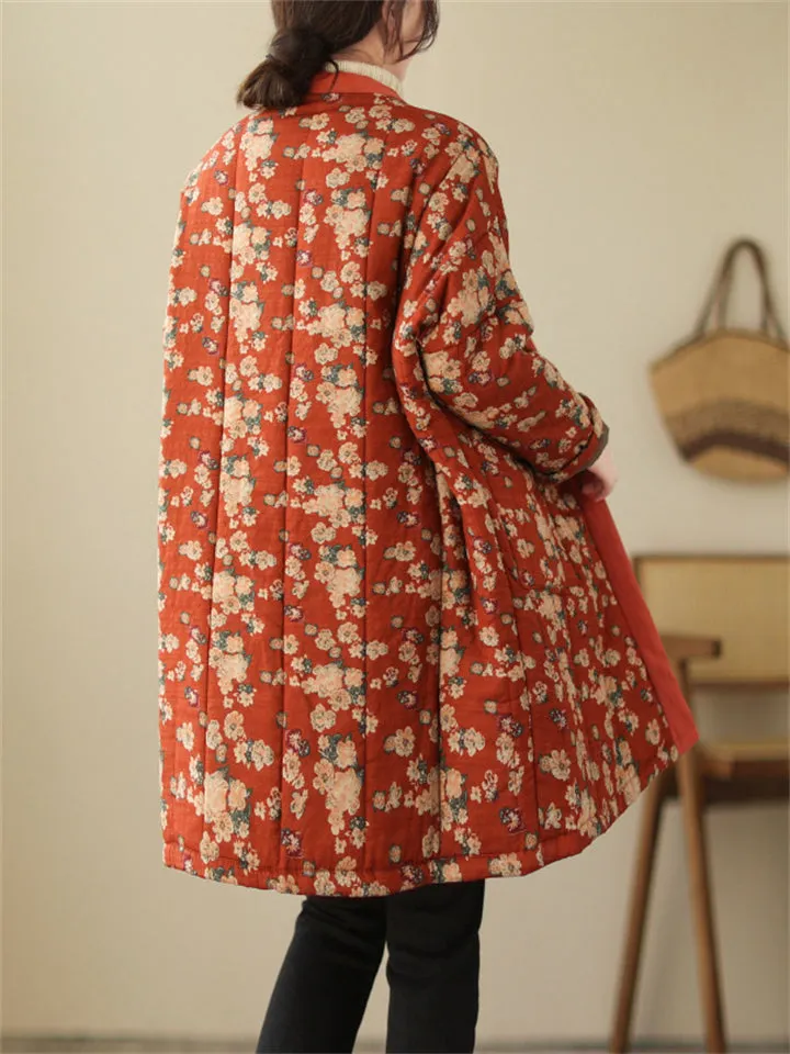 Retro Flower Print Women's Mid-length Cotton Jackets