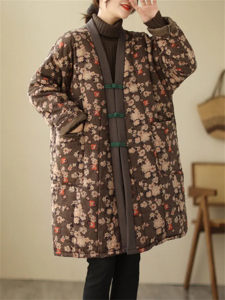 Retro Flower Print Women's Mid-length Cotton Jackets