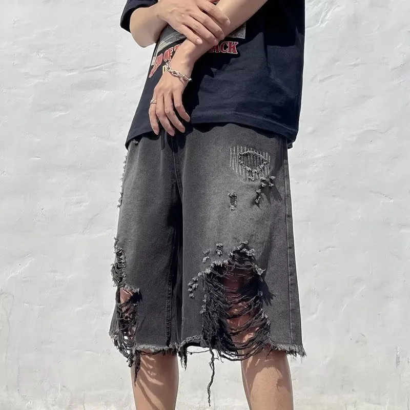 Ripped Denim Shorts Urban Hip-Hop Style Frayed Loose Vintage Washed Distressed Pants
