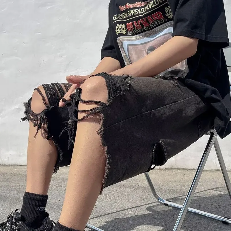 Ripped Denim Shorts Urban Hip-Hop Style Frayed Loose Vintage Washed Distressed Pants