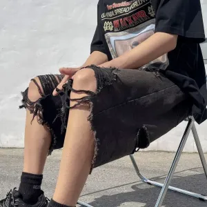 Ripped Denim Shorts Urban Hip-Hop Style Frayed Loose Vintage Washed Distressed Pants