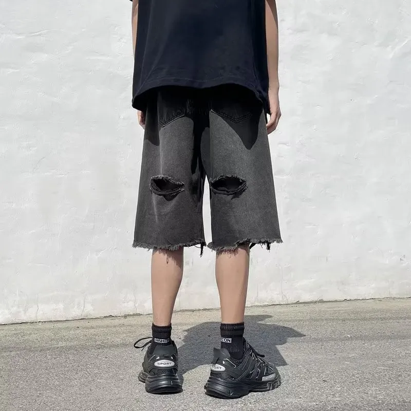 Ripped Denim Shorts Urban Hip-Hop Style Frayed Loose Vintage Washed Distressed Pants