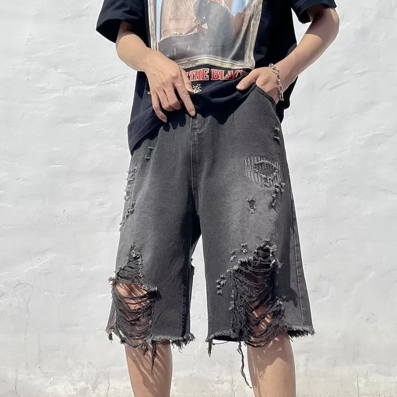 Ripped Denim Shorts Urban Hip-Hop Style Frayed Loose Vintage Washed Distressed Pants