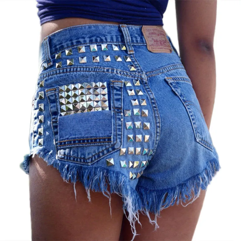 Rivet High Waist Denim Shorts