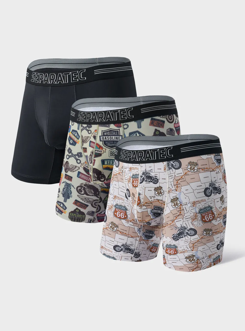 Route 66 Biker Print Compression Quick Dry Thick Waistband Boxer Briefs 3 Pack