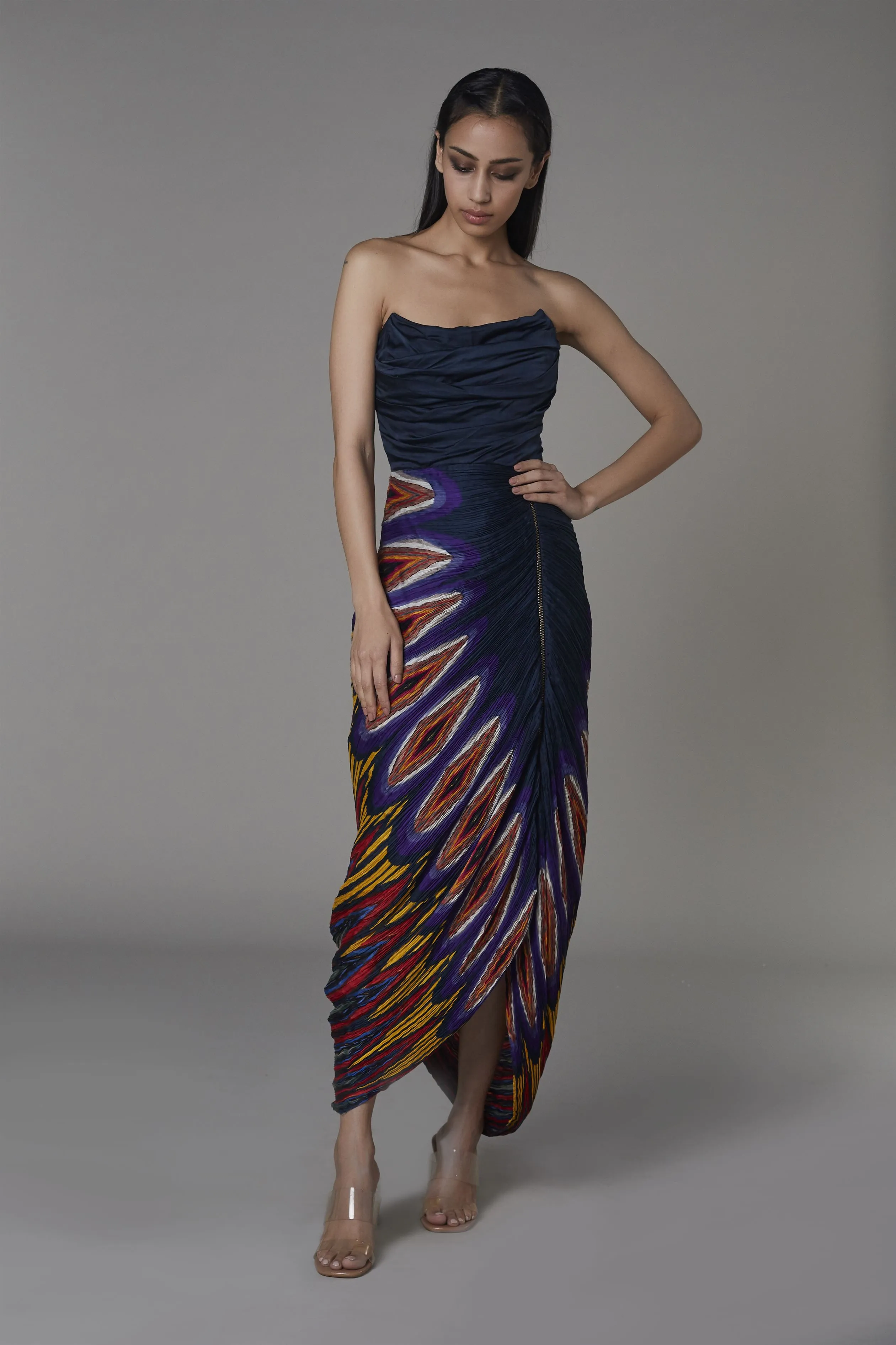 Saaksha & KinniÂ    I   Afghani circle and solid top corset sari dress Satin / Cotton Silk / Chiffon Navy blue / Multi SS22040