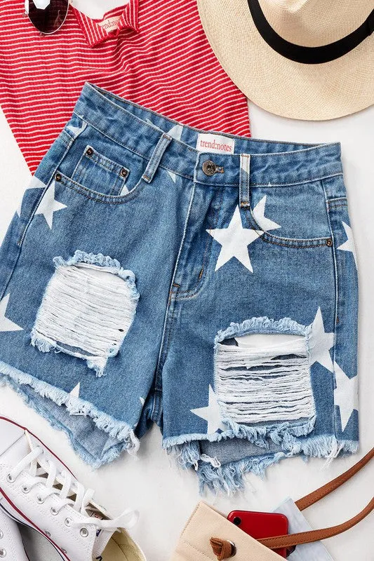 Star Print Distressed Denim Shorts