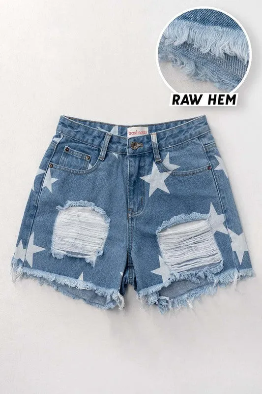 Star Print Distressed Denim Shorts