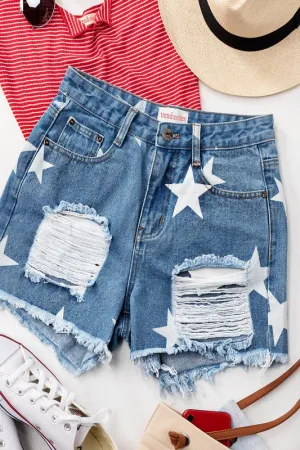 Star Print Distressed Denim Shorts