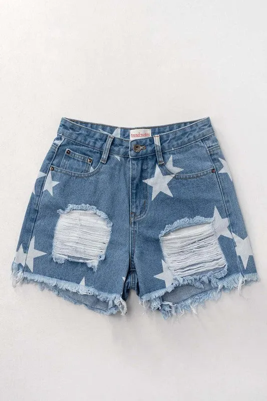 Star Print Distressed Denim Shorts