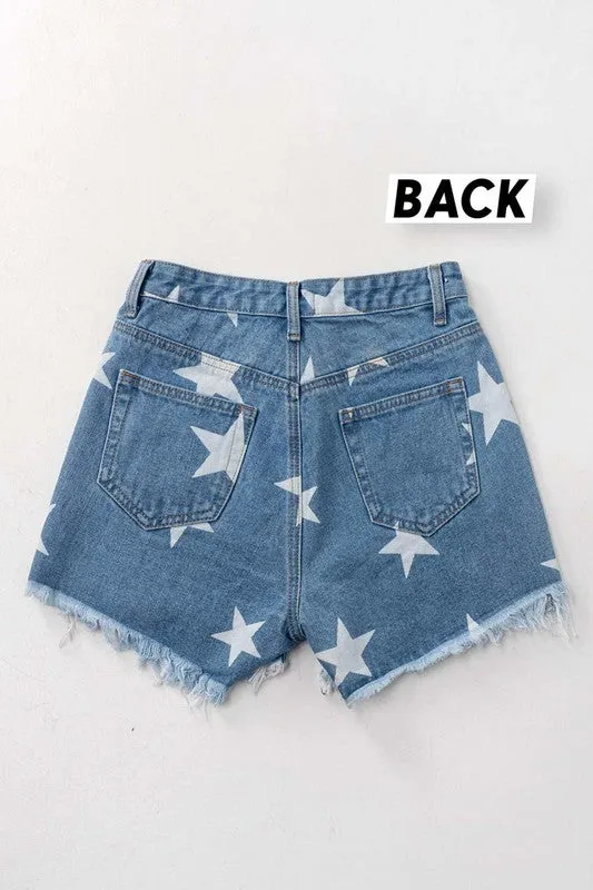 Star Print Distressed Denim Shorts