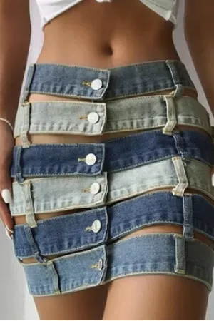 Stitching hollow button tooling style short skirt