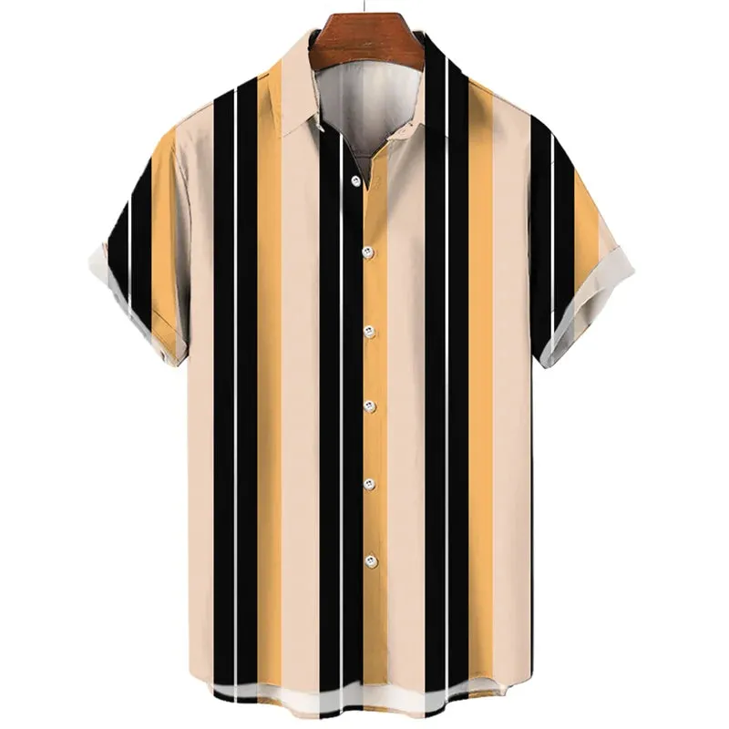 Striped Hawaiian Men’s Shirt – 3D Printed Casual Short Sleeve Lapel Design, Stylish Streetwear for Summer