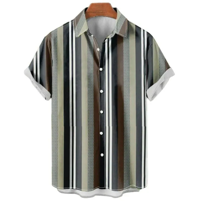 Striped Hawaiian Men’s Shirt – 3D Printed Casual Short Sleeve Lapel Design, Stylish Streetwear for Summer