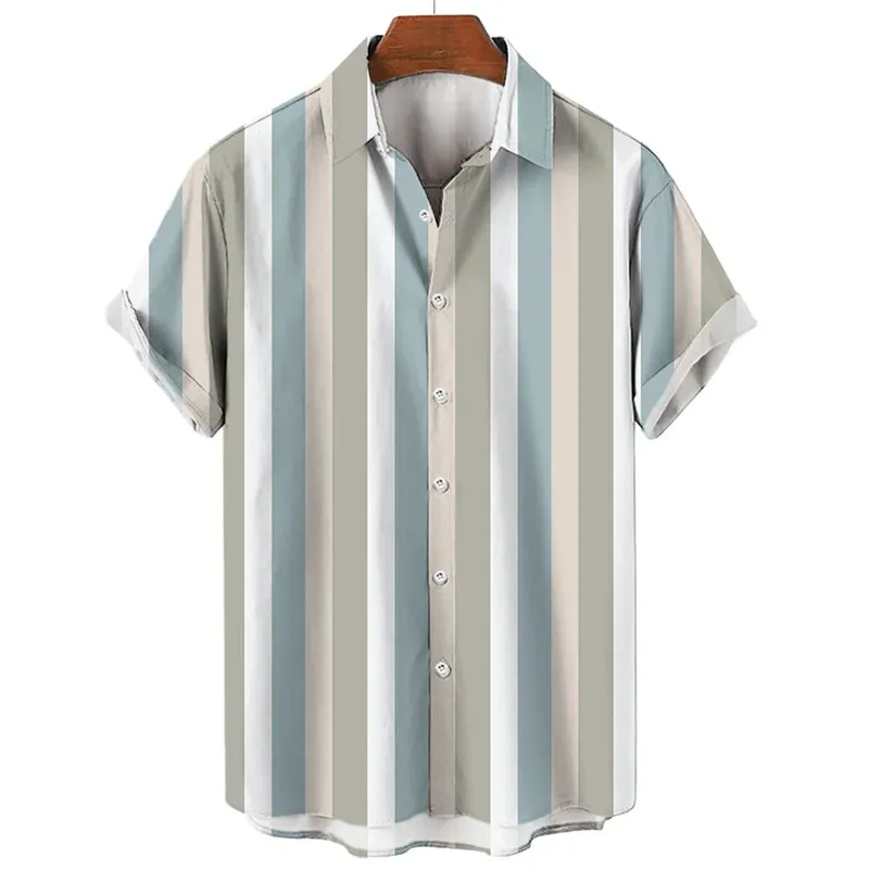 Striped Hawaiian Men’s Shirt – 3D Printed Casual Short Sleeve Lapel Design, Stylish Streetwear for Summer