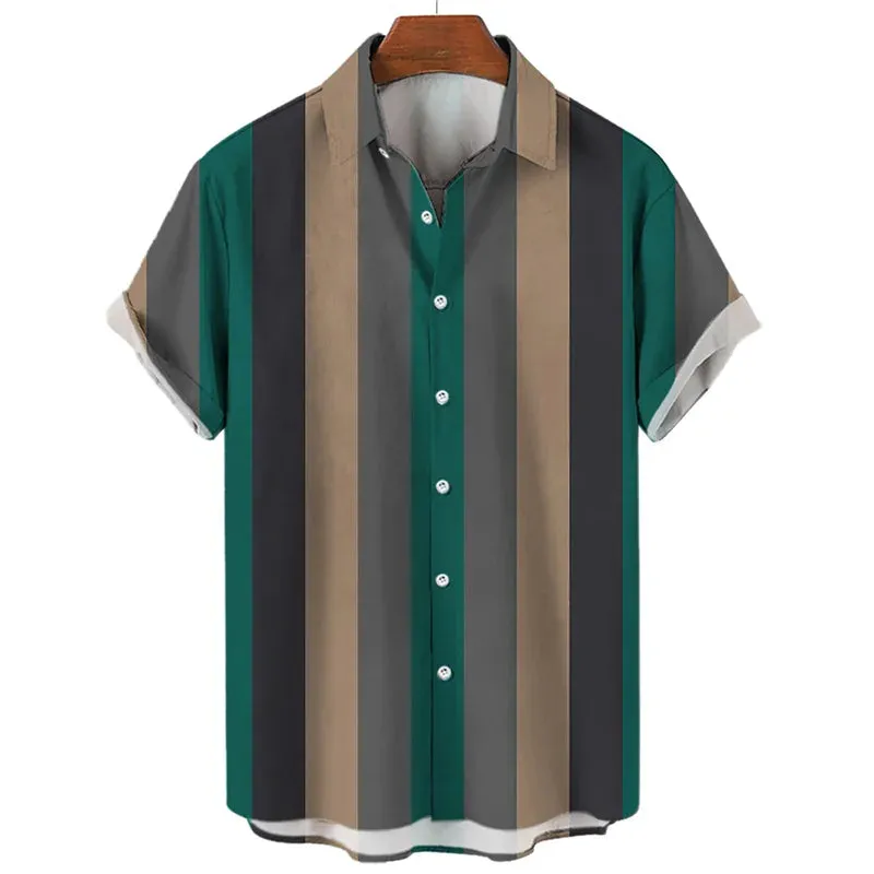 Striped Hawaiian Men’s Shirt – 3D Printed Casual Short Sleeve Lapel Design, Stylish Streetwear for Summer