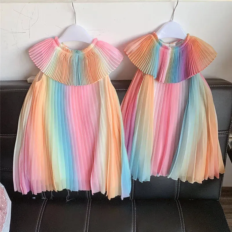 Summer Rainbow Dress Kid Party Dresses Fashion Princess Pleated Dress Maid Girl Costume Cute Kids Belle Clothing