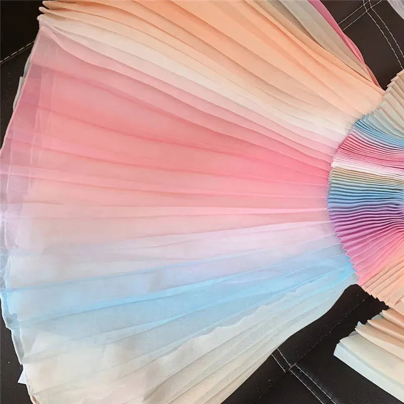 Summer Rainbow Dress Kid Party Dresses Fashion Princess Pleated Dress Maid Girl Costume Cute Kids Belle Clothing