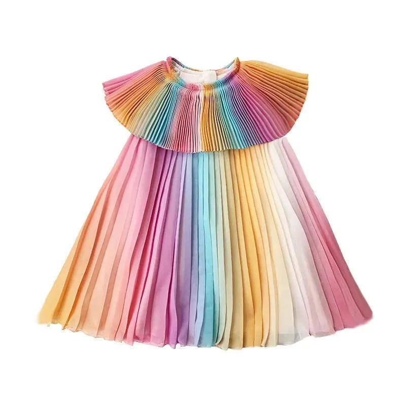 Summer Rainbow Dress Kid Party Dresses Fashion Princess Pleated Dress Maid Girl Costume Cute Kids Belle Clothing