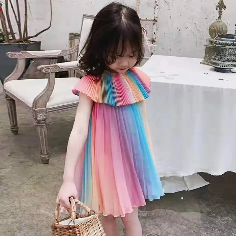 Summer Rainbow Dress Kid Party Dresses Fashion Princess Pleated Dress Maid Girl Costume Cute Kids Belle Clothing