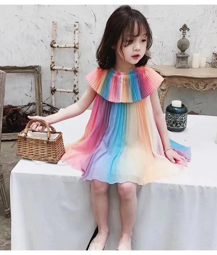 Summer Rainbow Dress Kid Party Dresses Fashion Princess Pleated Dress Maid Girl Costume Cute Kids Belle Clothing