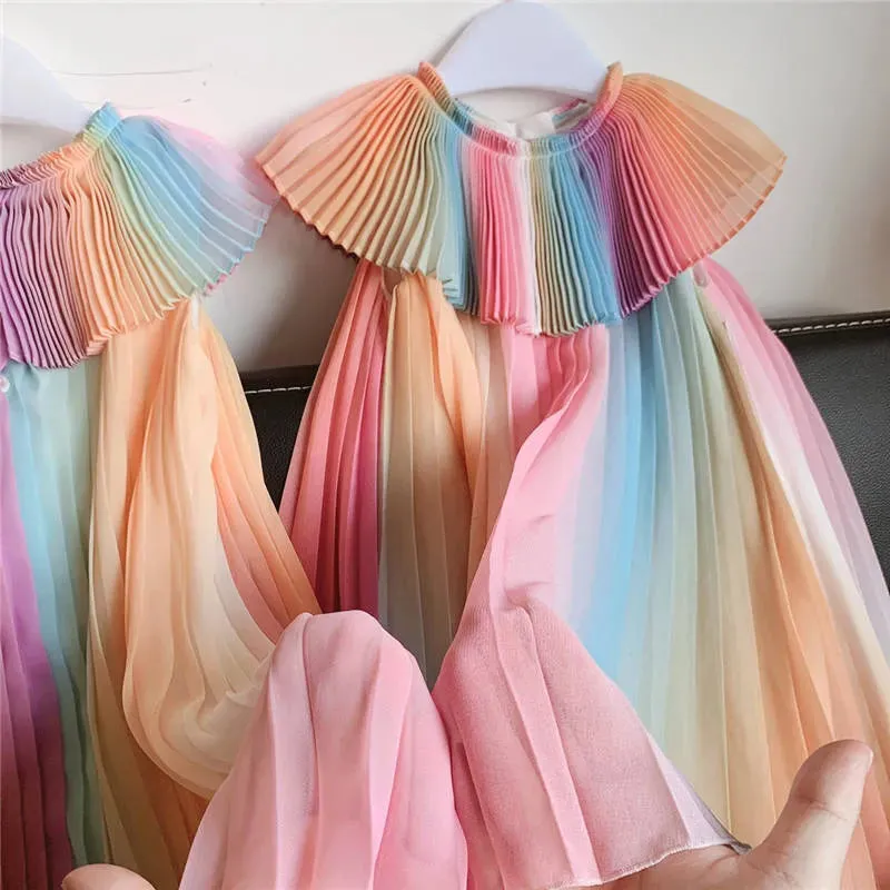 Summer Rainbow Dress Kid Party Dresses Fashion Princess Pleated Dress Maid Girl Costume Cute Kids Belle Clothing