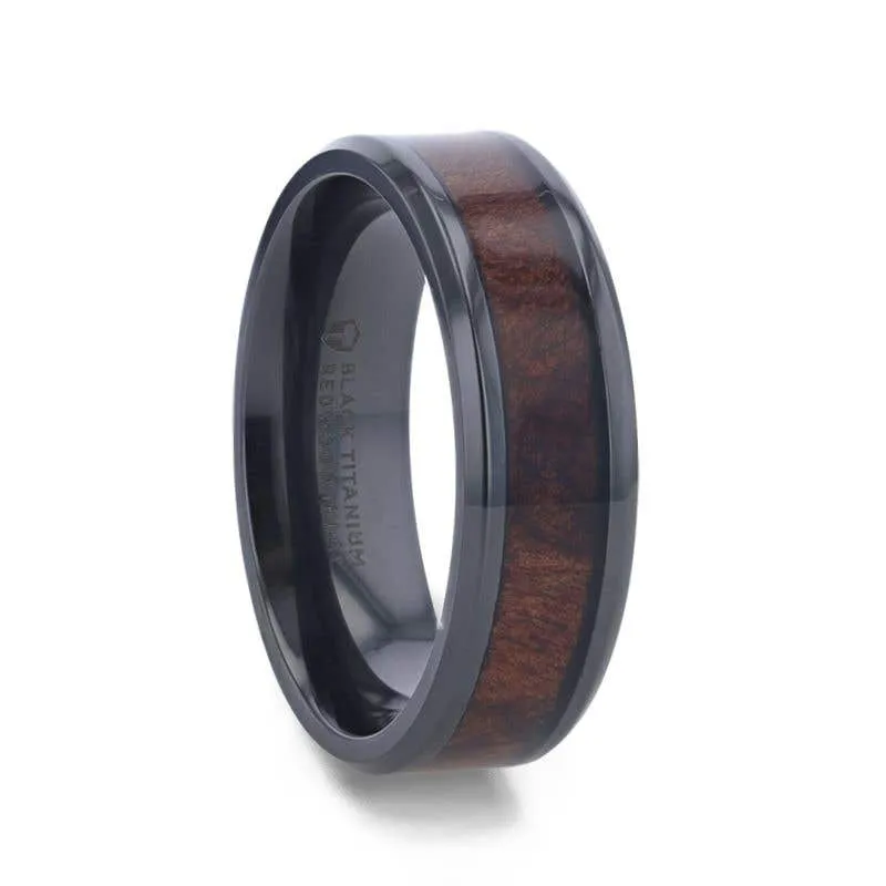 Thorsten YOSEMITE Redwood Inlay Titanium Wedding Band With Polished Beveled Edges - 8mm