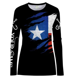TX fishing fish on black Texas flag Customize Name UV protection quick dry UPF 30  long sleeves fishing shirt for women NPQ73