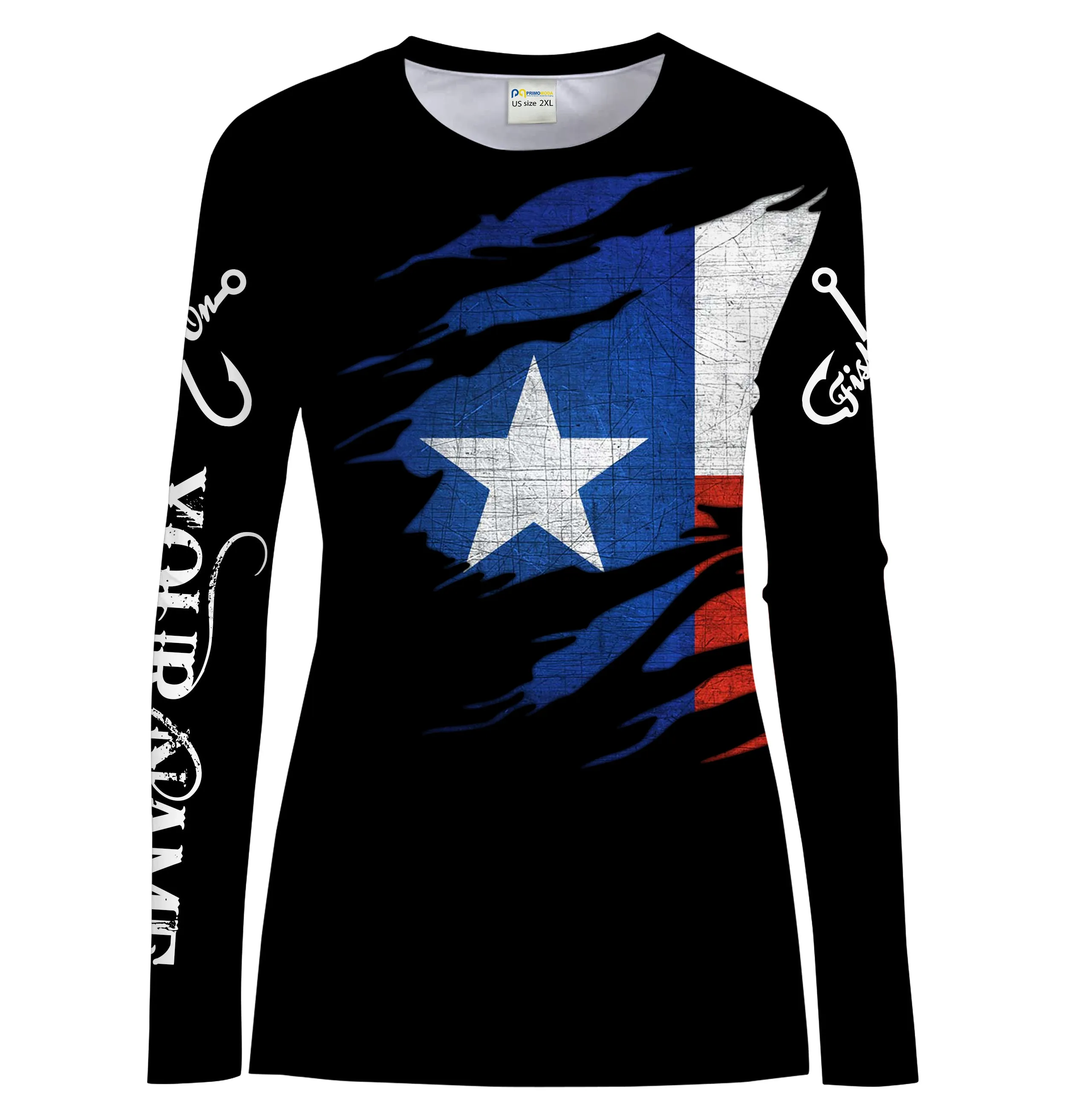 TX fishing fish on black Texas flag Customize Name UV protection quick dry UPF 30  long sleeves fishing shirt for women NPQ73