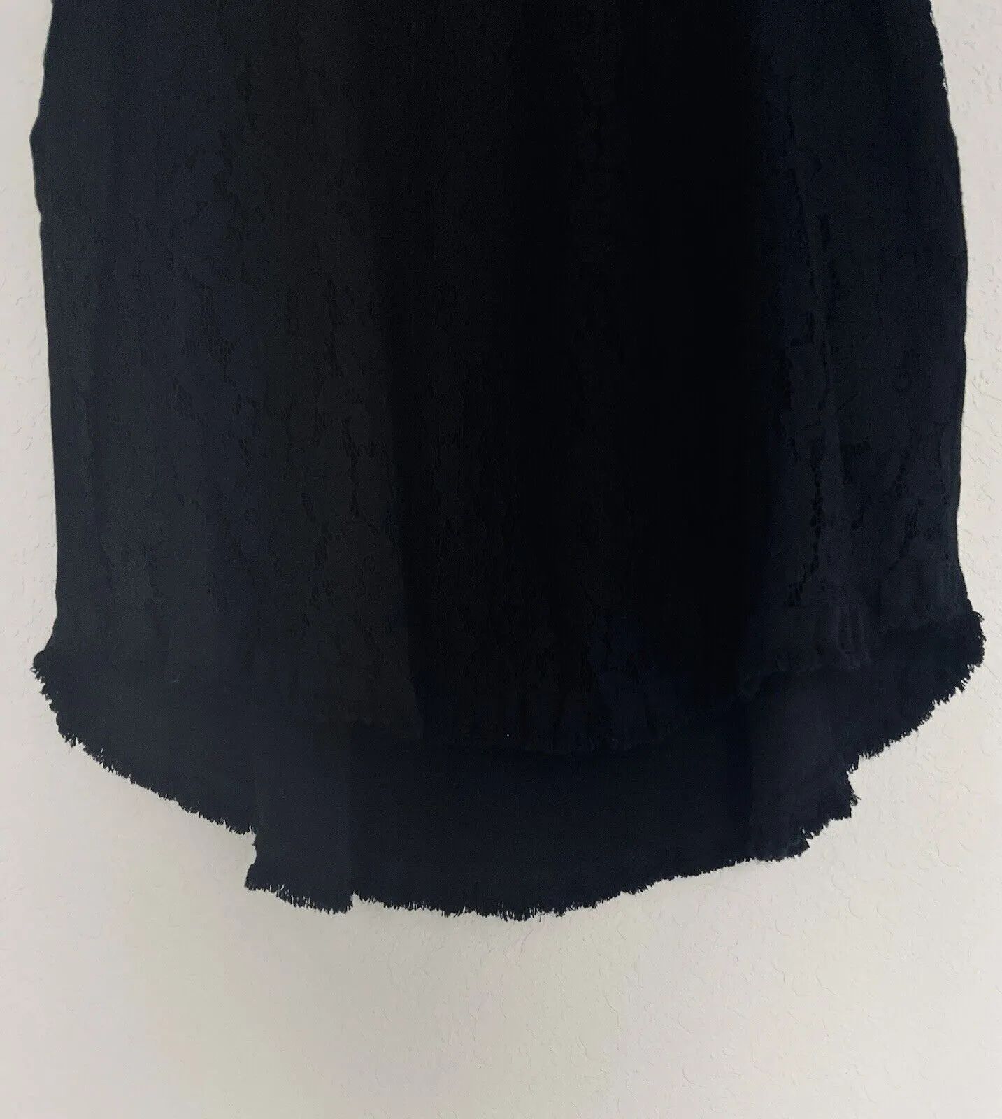 UMGEE Black Linen Blend Dress Sz L Raw Fringe Hems Pockets Crochet Lace Boho