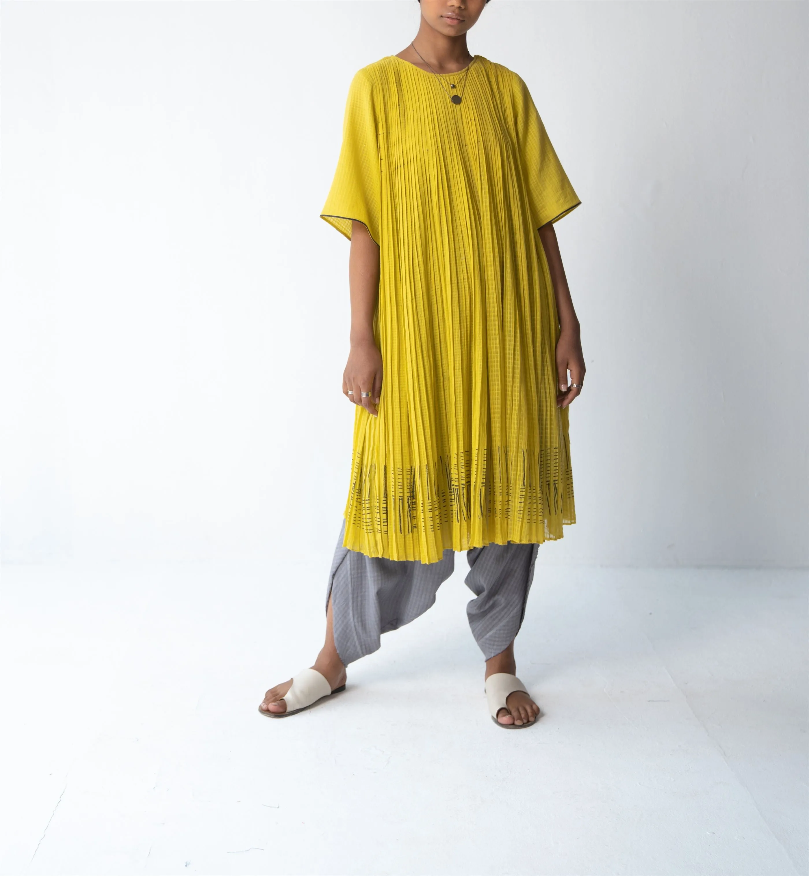 Urvashi Kaur   -   Echo Dress Hand Block Printed Checkered With Kantha Details