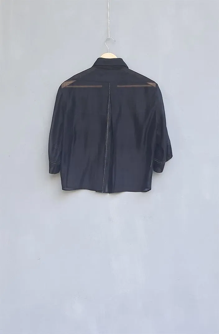 Urvashi Kaur   I   Pungol CROP SHIRT IGNEA chanderi cotton silk charcoal TESSELLATE- 92