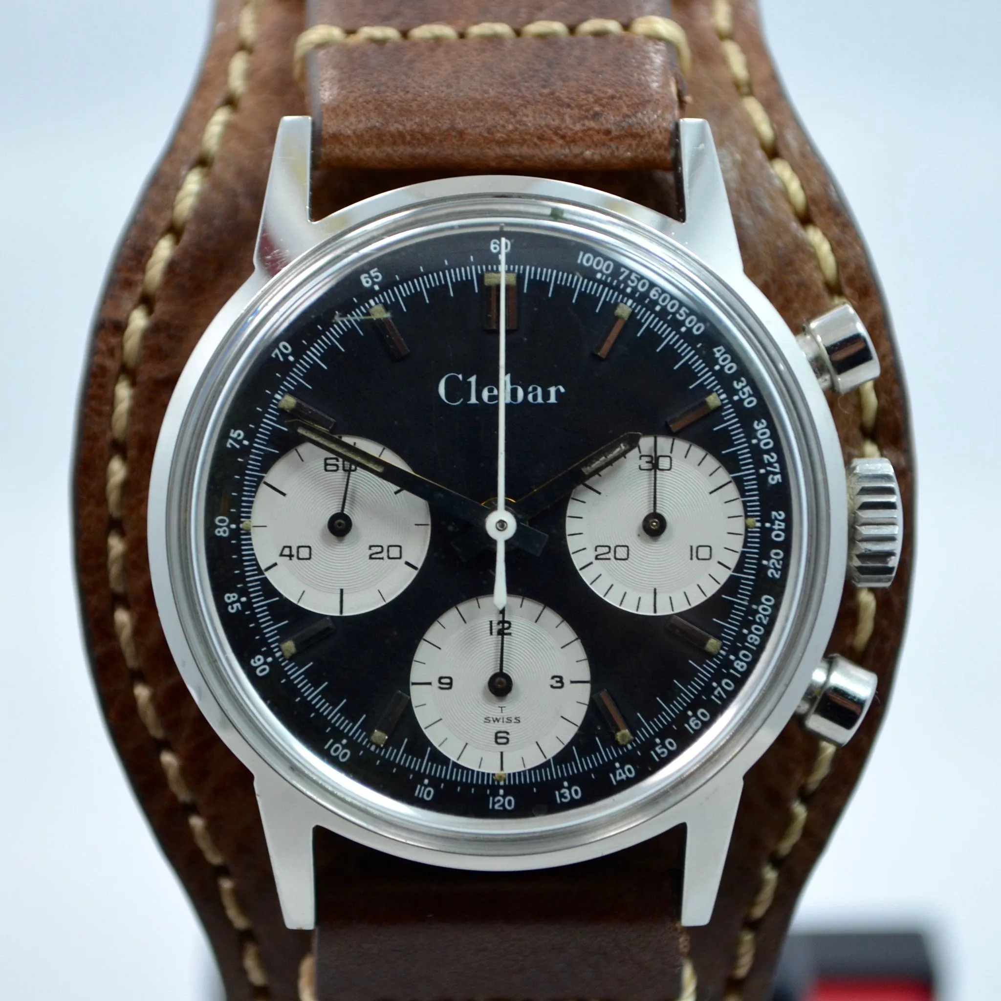 Vintage Clebar 73623 Steel Chronograph "Poor Mans Carrera" Reverse Panda Valjoux 7736