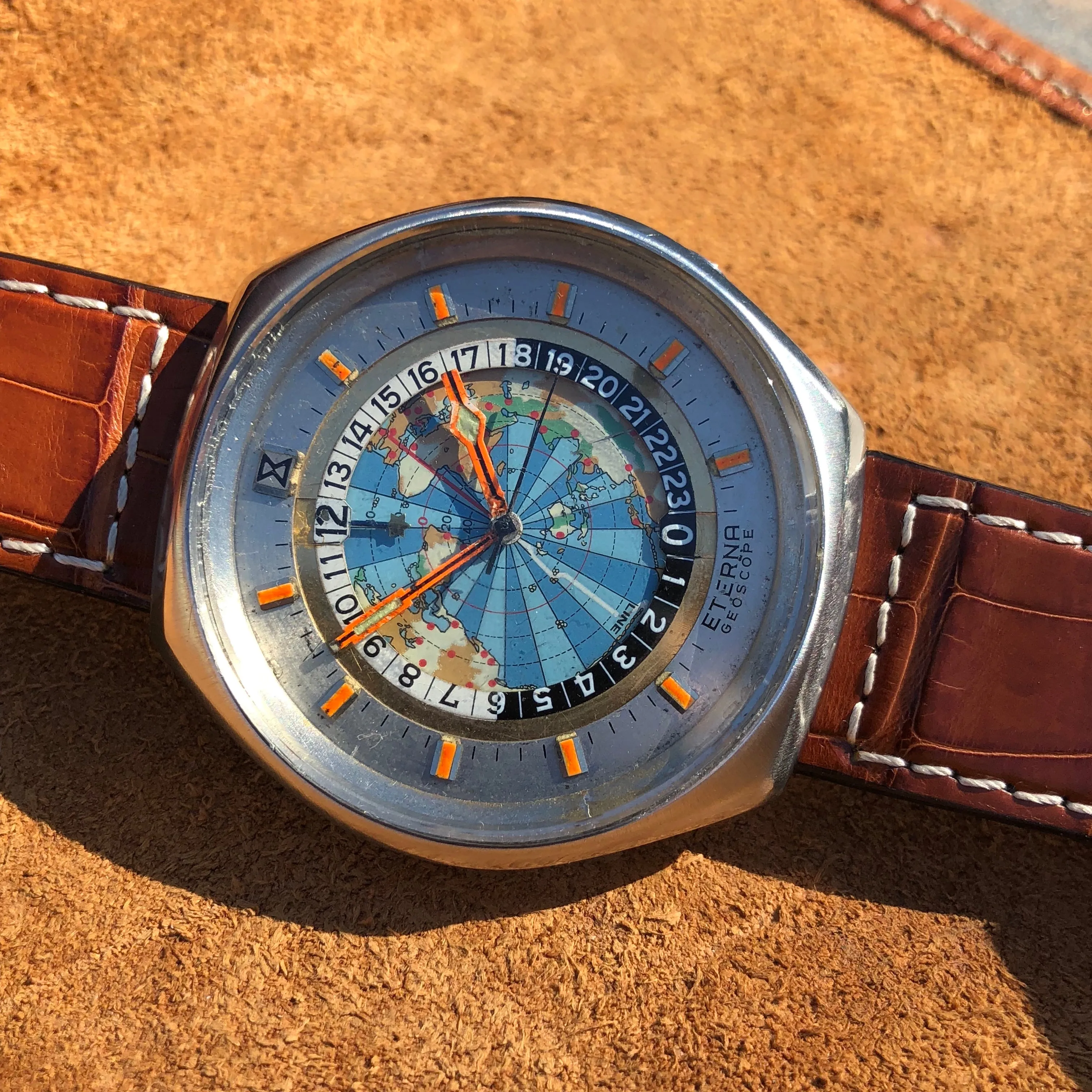 Vintage Eterna Geoscope GMT Stainelss Steel Automatic 48mm World Map Wristwatch