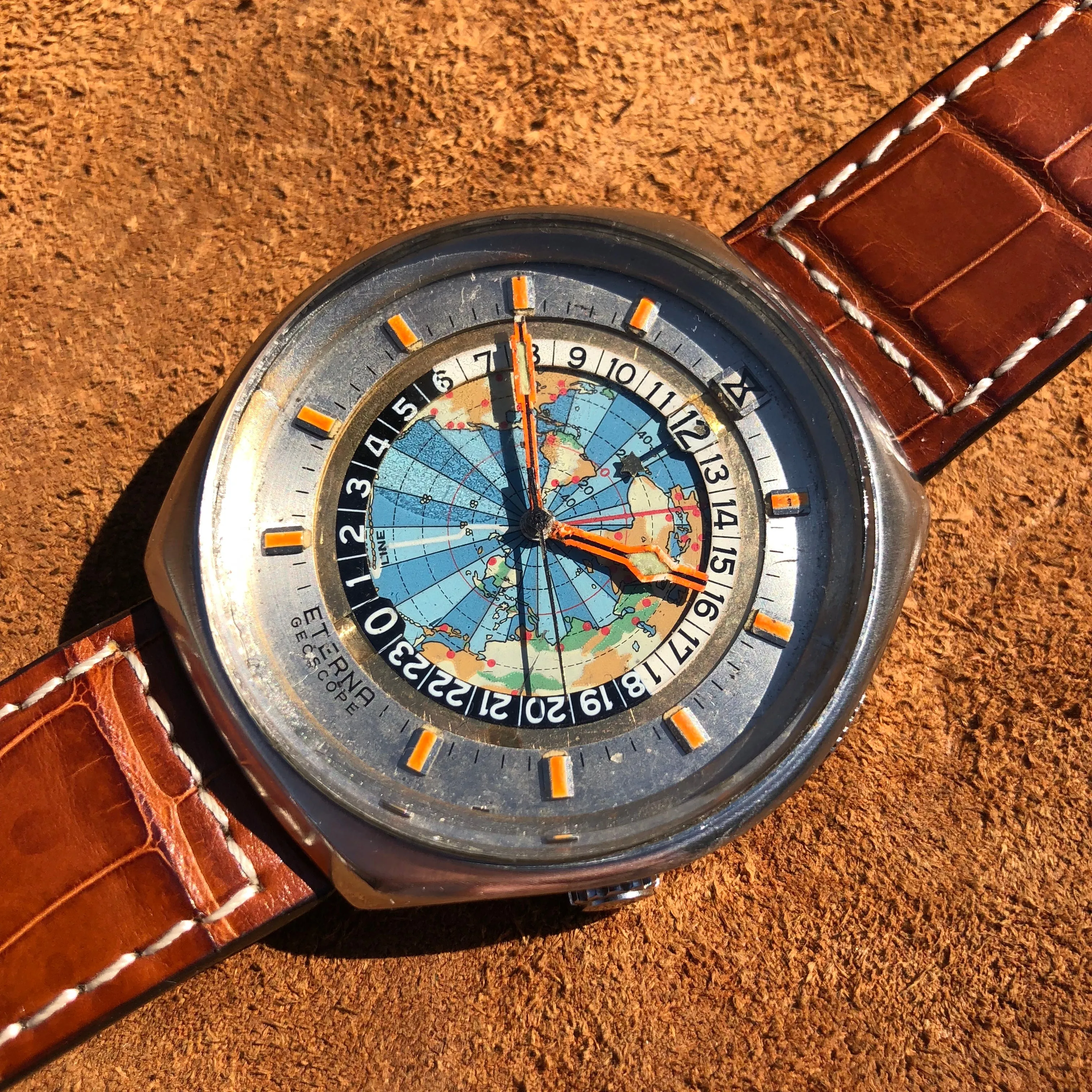 Vintage Eterna Geoscope GMT Stainelss Steel Automatic 48mm World Map Wristwatch